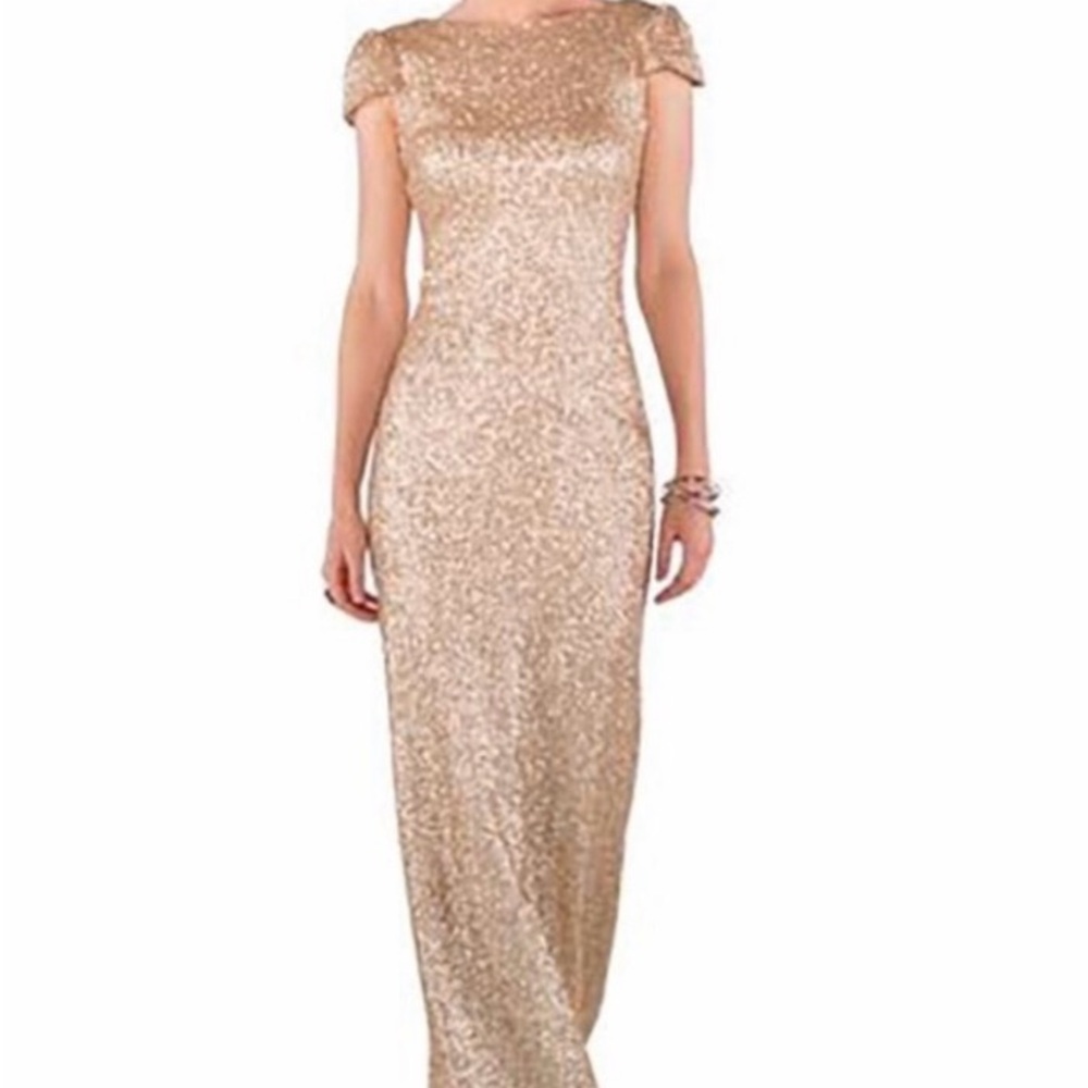 SORELLA VITA Gold Sequin Gown with Cap Flutter Sleeves